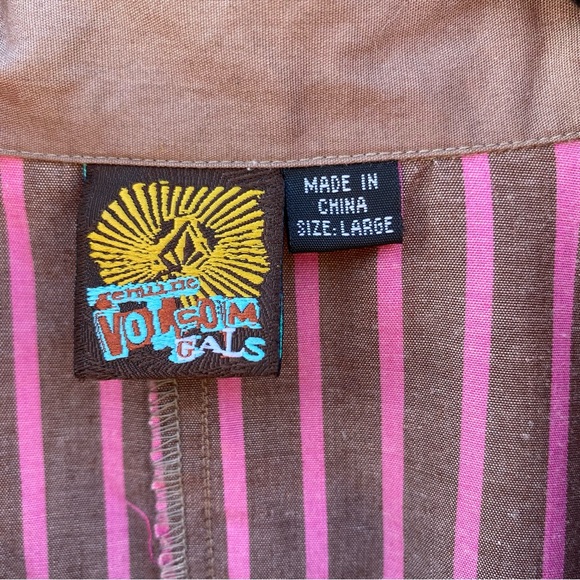 Volcom Gals, Vintage Brown and Pink Retro Striped Button Down, Top - Picture 7 of 7